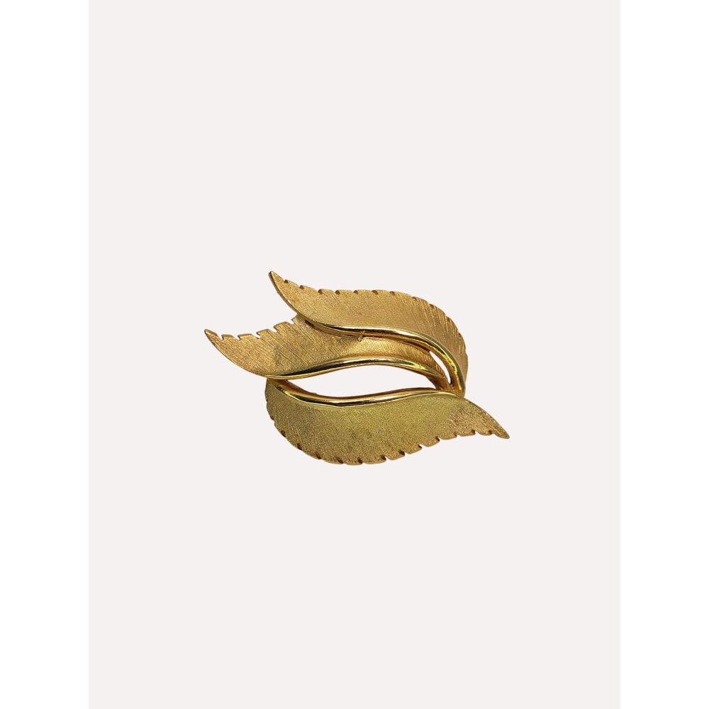 MCM Curled Leaf Brooch Pin Triple Leaves Brushed Gold Tone Old Money Piece 1950s